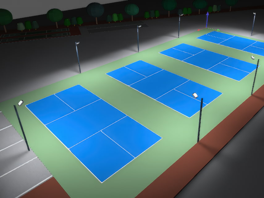 3D render of an outdoor pickleball court at night