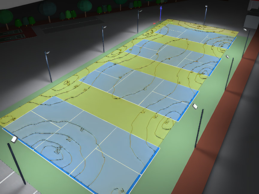 Photometric plan of an outdoor pickleball court at night
