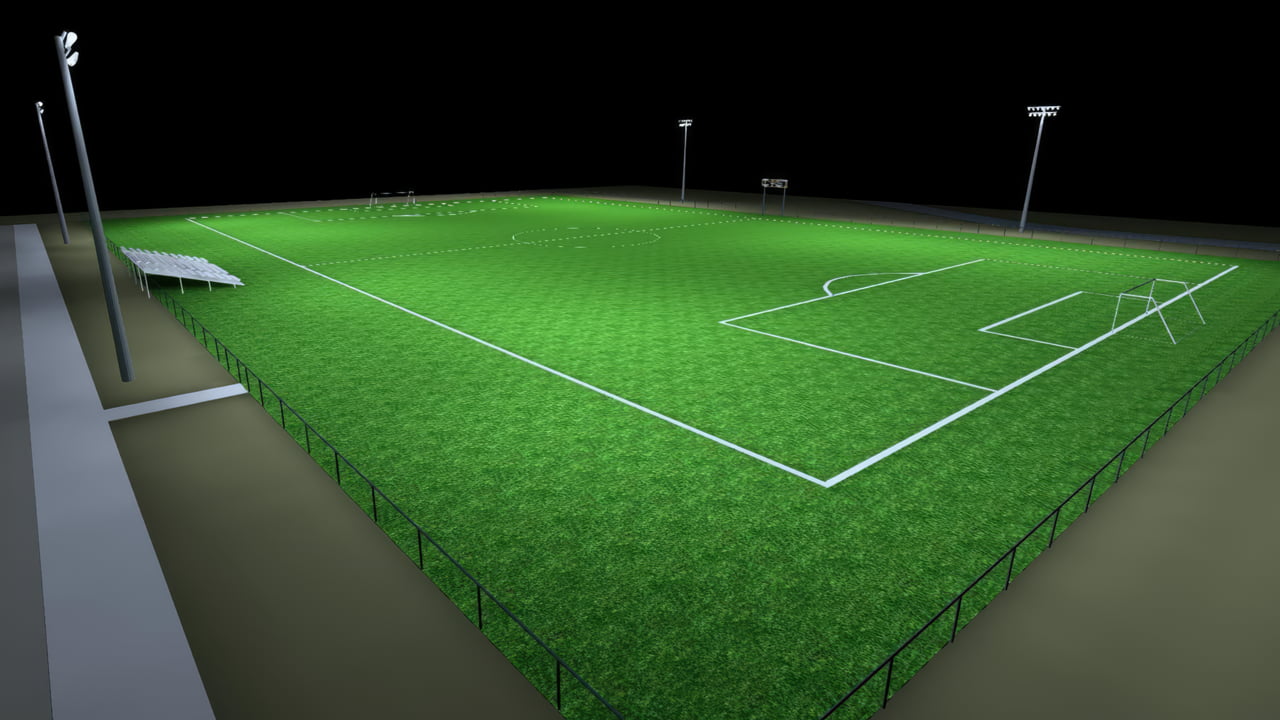 Soccer field lighting 3D rendering design showing 6 LED flood lights mounted at 50ft height