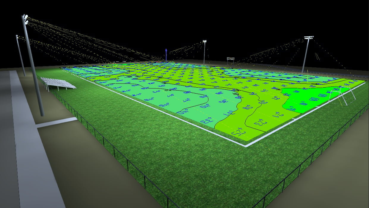 Soccer field lighting 3D rendering with false color showing 6 LED flood lights illuminating the area at 30.2 foot candles