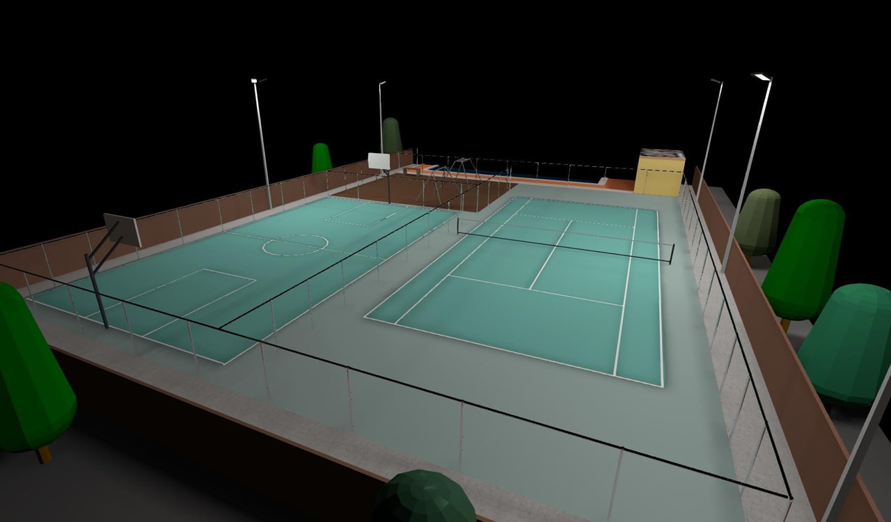 3D rendering of an outdoor tennis court at night