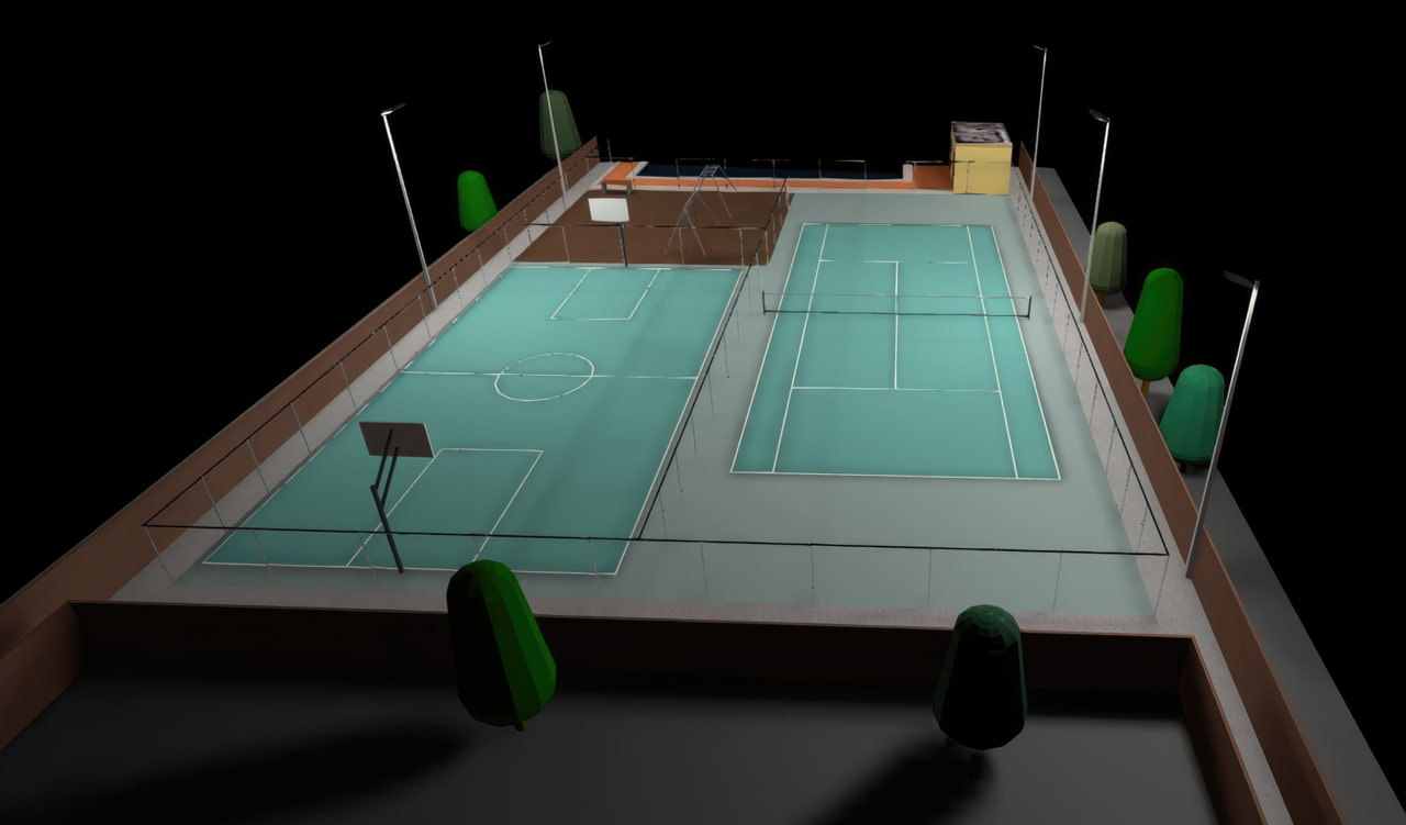 Wide angle of a 3D rendering of an outdoor tennis court at night