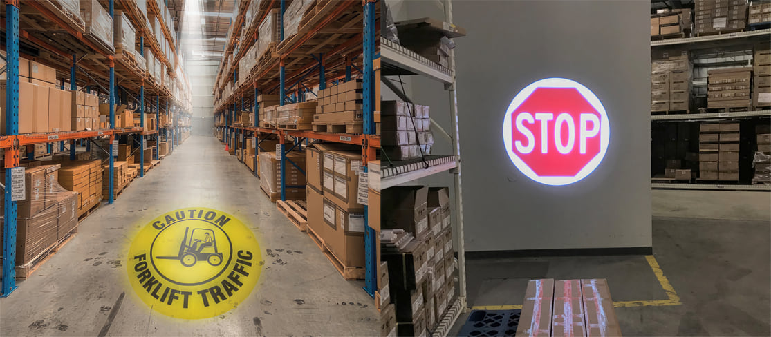 Side by side photos with two examples of warning symbols being displayed in a warehouse setting