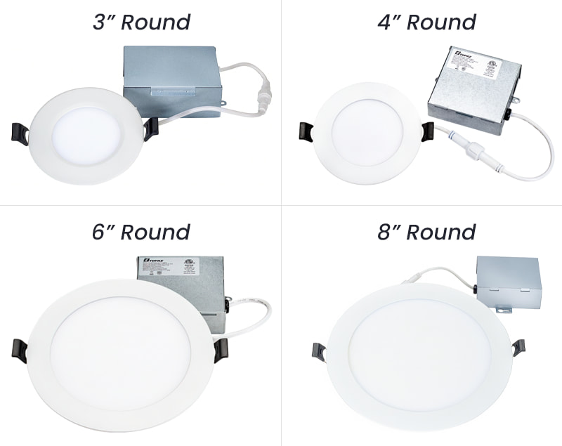 Different sizes for LED recessed lights including 4-Inch, 6 inch, and 8 inch round recessed lighting cans