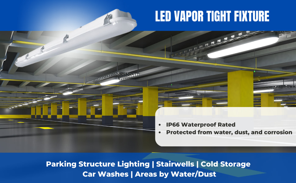 LED linear vapor proof fixtures used for parking structure lighting and other areas exposed to water or dust