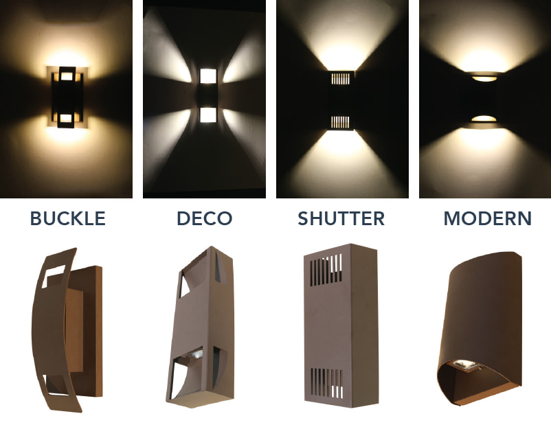 Layout of 4 different variations of wall sconces as an example of how they look on walls
