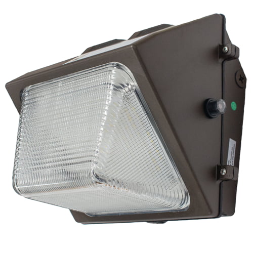 A medium sized LED wall pack is shown with a clear diffuser lens facing the viewer