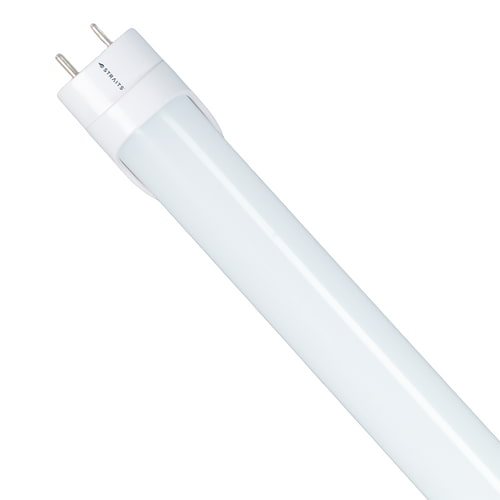 Closeup view of a Straits Lighting X-Series 4 foot LED T8 tube light with two prongs on the end