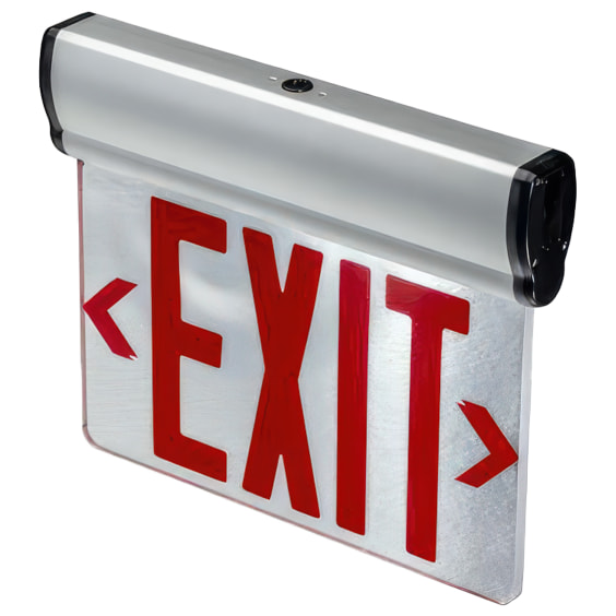 Double face edge lit red exit sign with bold red lettering spelling out “exit” on a white background.