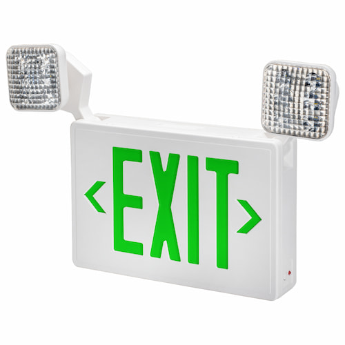 Green exit sign with two emergency lights on top and bold green lettering spelling out “exit” on a white background.