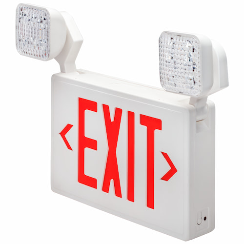 Red exit sign with two emergency lights on top and bold red lettering spelling out “exit” on a white background.