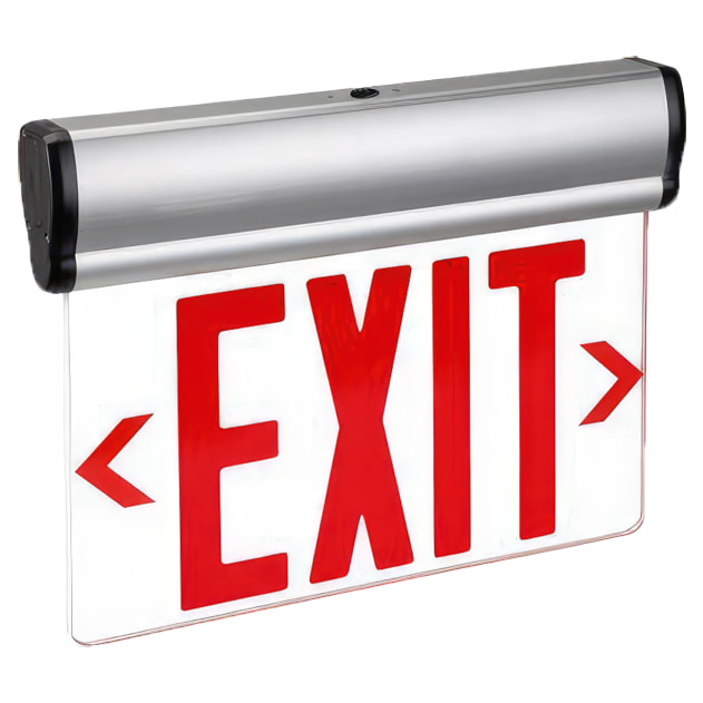 Single face edge lit red exit sign with bold red lettering spelling out “exit” on a white background.