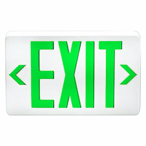 Standard green exit sign with bold red lettering spelling out “exit” on a white background.