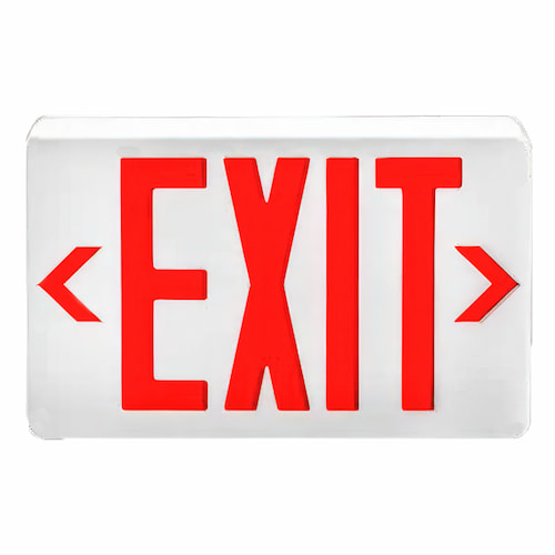 Standard red exit sign with bold red lettering spelling out “exit” on a white background.