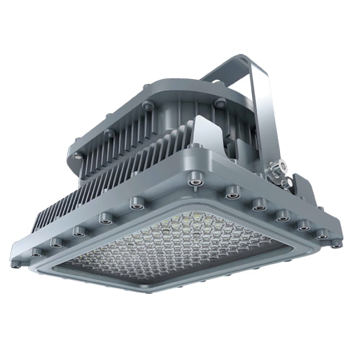 Explosion proof LED square shaped lighting fixture that mounts on ceilings, walls, or poles.
