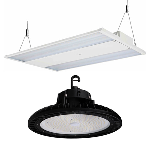 Linear High Bay fixture and a UFO style High Bay light side by side