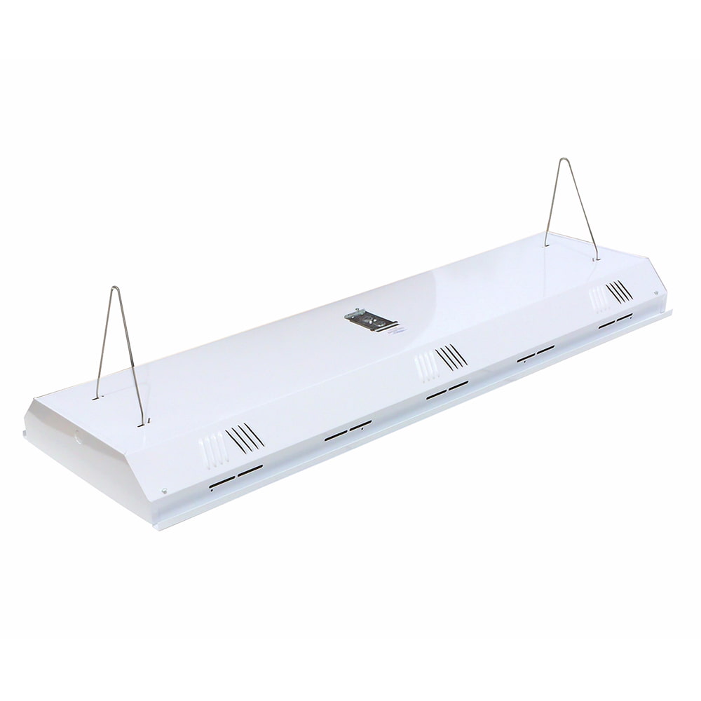 Suspended LED lighting fixture that is hung from the ceilings with hooks used in warehouse utility rooms and workshops