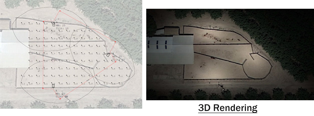 An example of a photometric plan showing the location and lighting spread of different LED fixtures in a horse stable