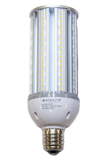An LED corn lamp with rows of led chips surrounding the entire light, equipped with an E-style screw in base