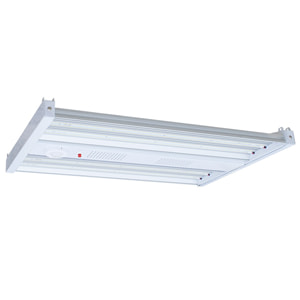 A rectangular shaped industrial linear LED high bay light is shown from below, with its four arrays of LED lights clearly visible