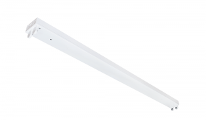 An eight foot LED strip light is shown with its G13 tombstone attachments attached to the fixtures steel housing