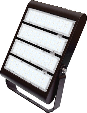 Yoke mount style LED flood light shown with lens facing viewer and mount installed showing mounting holes for flat surfaces such as building walls and exterior structures