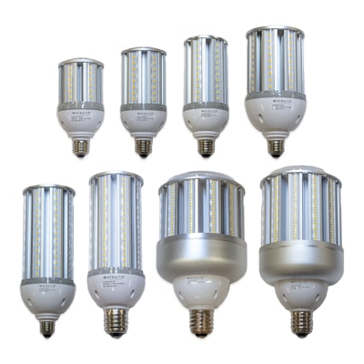 Collection of LED corn cob light bulbs ranging from small 14 watt lamps up to large 120 watt lamps