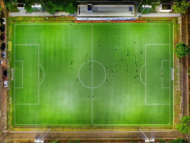 Overhead view of a soccer field at night