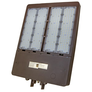 Flood light with exceptionally high power output from its large LED array shown behind clear lens with bare mounting option for custom installations in applications requiring high lumen output such as sports arenas
