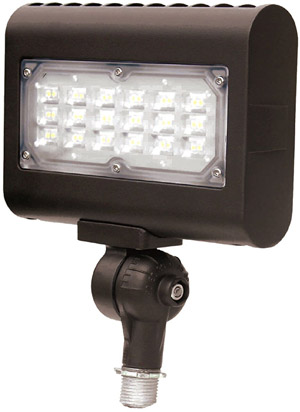 LED flood light using knuckle mount for attachment point intended for use in landscaping and general building lighting