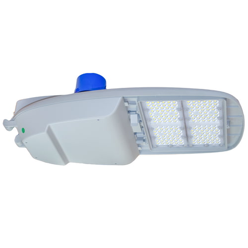 A straits stf series led street light is shown with its reflector facing down and a photo cell mounted on the top