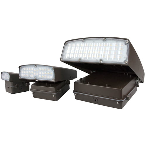 Collection of adjustable LED wall packs ranging from 12 watts up to 80 watts with corresponding sizes