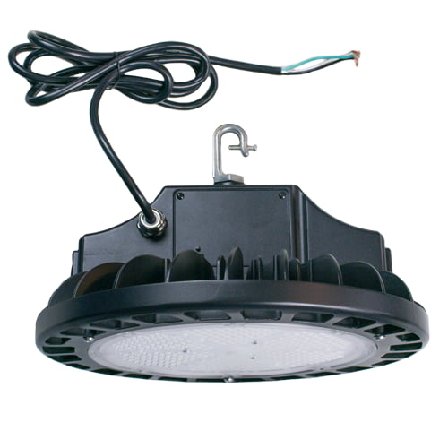 The side portion of the front of a round UFO shaped Apollo HBI high bay lighting fixture