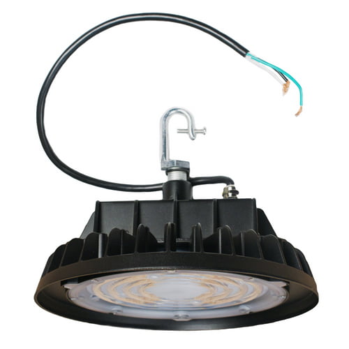 100 Watt round shaped LED high bay light with a hook mount on top and a cord for wiring the fixture