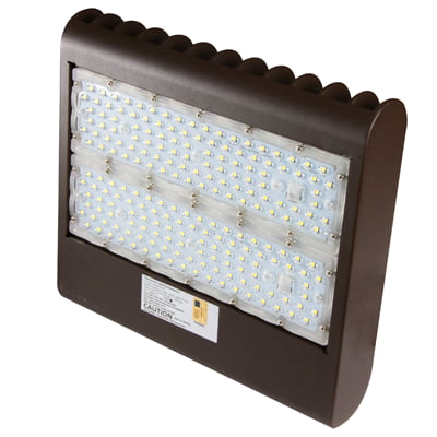 LED flood light shown with no mount in order to allow user to customize mounting solution to their application such as exterior building or parking lot lighting