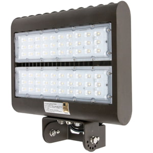 Trunnion mount style flood light with clear lens showing LED array and adjustable mount installed for mounting on any flat surface such as walls, poles and exterior surfaces